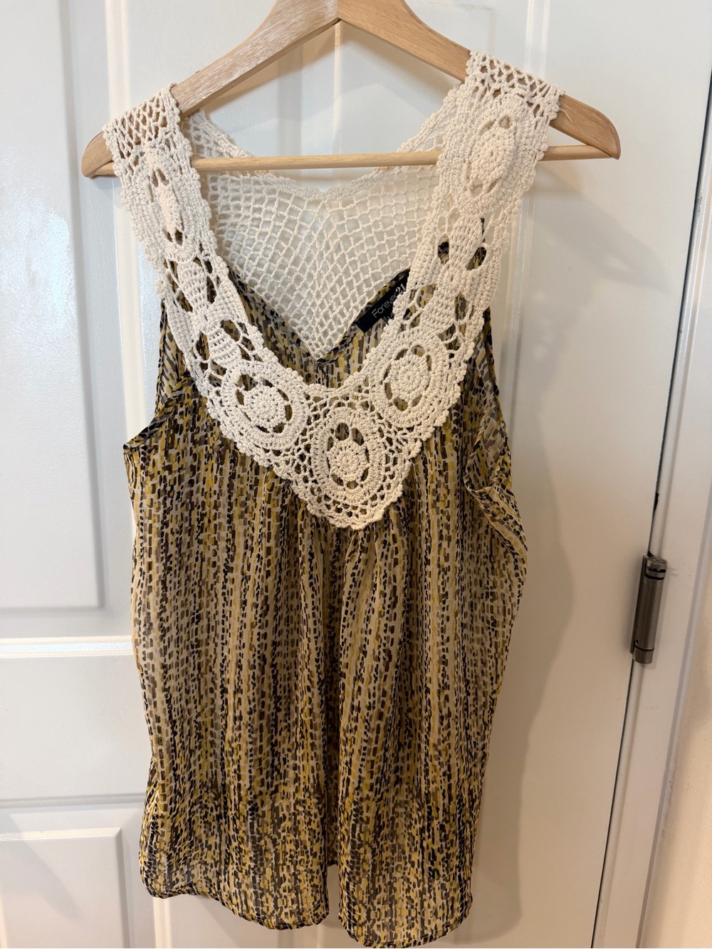 Forever 21 Crochet-Back Printed Tank Top - Cream & Mustard